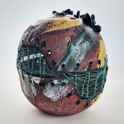 Jupiter's Moon (Large), Mixed Media Ceramic and Wire Contemporary Sculpture