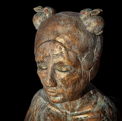 Bronze (painted) Ceramic Sculpture Bust Rabbit Head Art