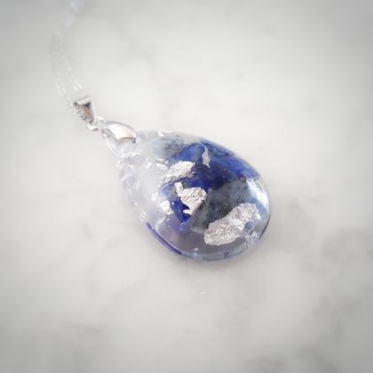 Lapis Lazuli and Silver Leaf in Resin Necklace ( Tear Drop)