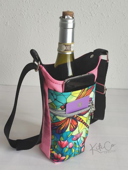 Water Bottle bag, with Pockets & Adjustable Straps- Pink stained glass 