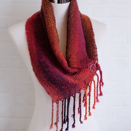 Luxurious scarf, unisex, handwoven soft scarf, in  reds,orange & purples, fine wool mix.