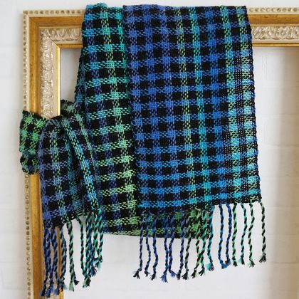 Warm handwoven winter check scarf in black with multi colored check 50/50 Wool Acrylic.