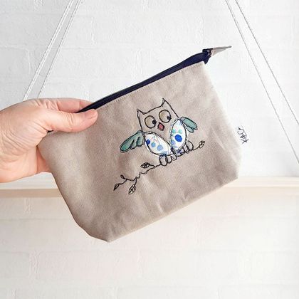 hand-painted, pouch on natural linen blend- store all 