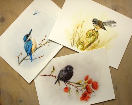 Set of 3 Art Prints - Fantail, Kingfisher & Black Robin - Wall Art of NZ Birds