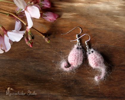 Fluffy Pink Cat Earrings - Hand Crochet - Cat Jewellery