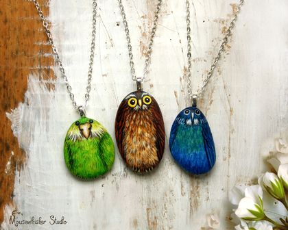 Painted Pebble Necklace - NZ Birds - Kakapo, Tui, Morepork Owl Pendant - Art Jewellery