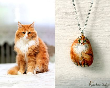 Custom Cat Pebble Necklace Pendant - Pet Portrait Art  - NZ Jewellery