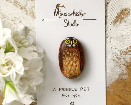 Morepork Pin Pebble Painting - Ruru Owl Brooch - Native NZ Bird Art