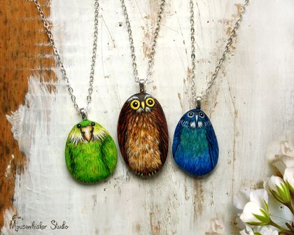  Painted Pebble Necklace - NZ Birds - Kakapo, Tui, Owl Pendant - Art Jewellery