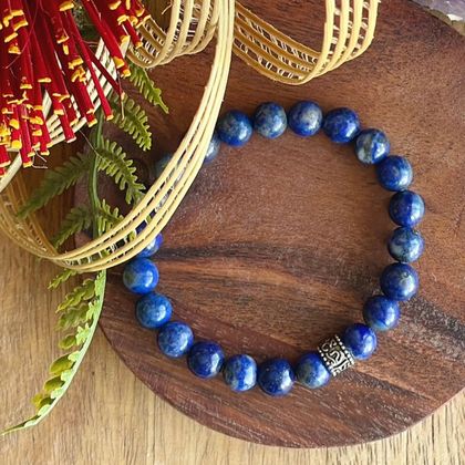 Lapis lazuli with Om Mani Padme Hum charm, stretch bracelet