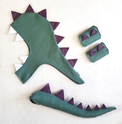 Kids dinosaur costume set - tail, hood and cuffs - Sage with Purple spines