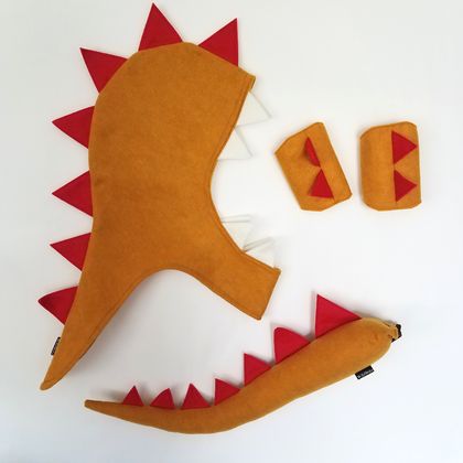 Kids dinosaur costume set - tail, hood and cuffs - Mustard with RED spines