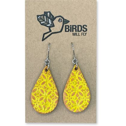 Hand Tooled Leather Earrings - Marcy Design, Yellow/Tan