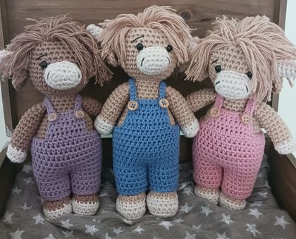 Handmade highland cow in dungarees