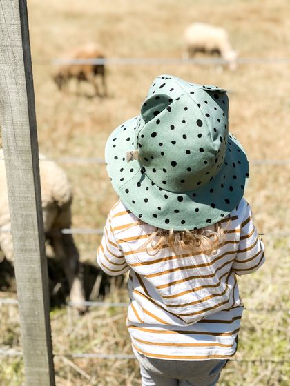 Baby Sun Hat 100% Cotton Canvas - Green Spots with Bear Ears