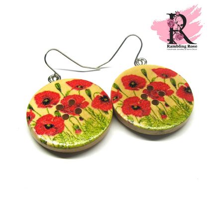 Wooden Poppy Button earrings - Platinum