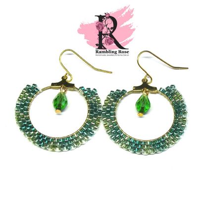 Green Peyote Stitch Hoop Earrings with Crystal