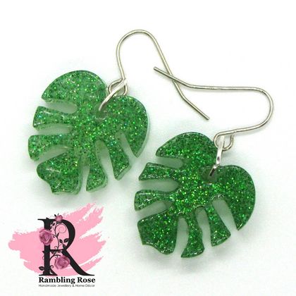 Monstera Leaf earrings - Emerald Glitter