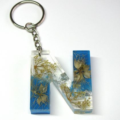 Letter N Floral Resin Keychain