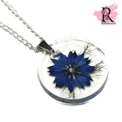 Nigella Flower Pendant Necklace - Dark Blue