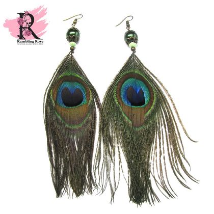 Long Peacock Feather & Pearl Earrings