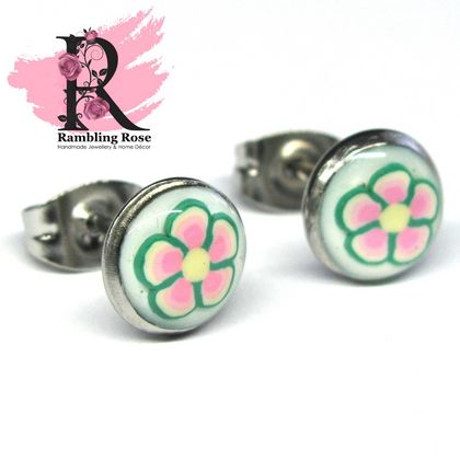 Pink & Green Floral Stud Earrings (8mm)