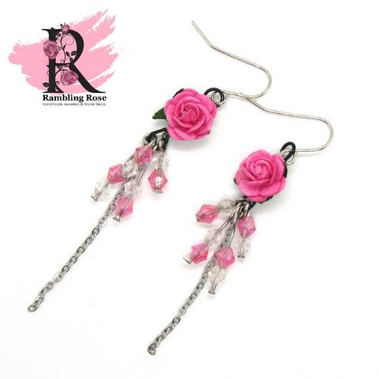 Pink Rose Crystal & Chain Earrings