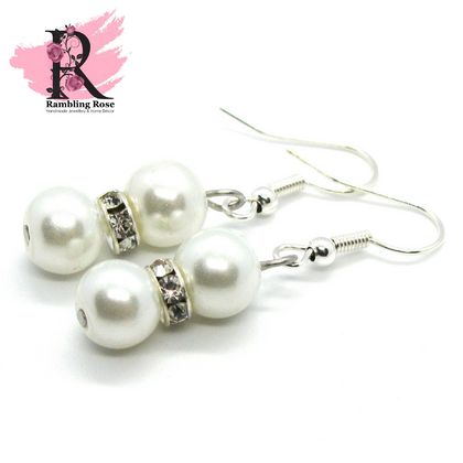 Silver Pearl & Rhinestone earrings - Double Drop