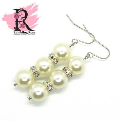 Silver Pearl & Rhinestone earrings - Triple Drop