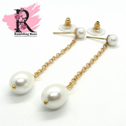 Gold & White Teardrop Chain Pearl Studs