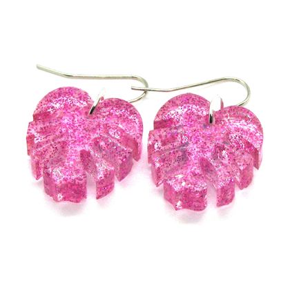 Monstera earrings - Pink Glitter