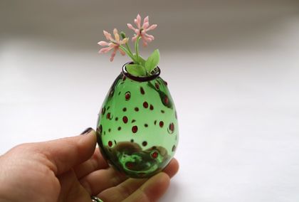 Mini Green Bud Vase, Red Polka Dots