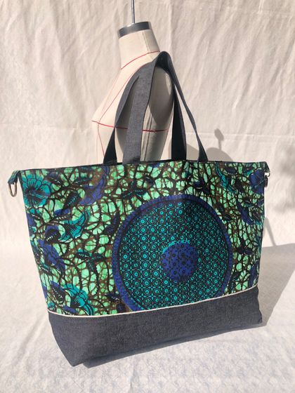 African Wax Print + Japanese Denim - Overnight Travel Tote Bag (Green Flowers)