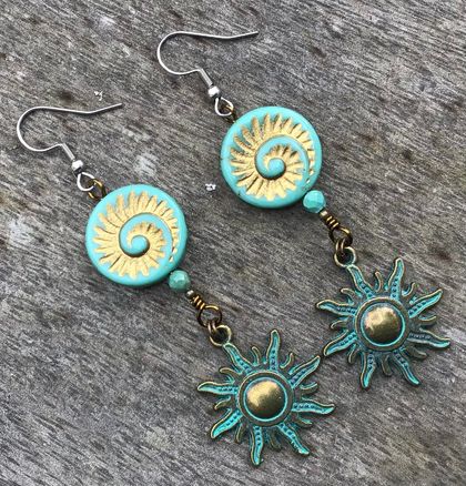 Czech Shell Fossil Earrings - Turquoise Colour