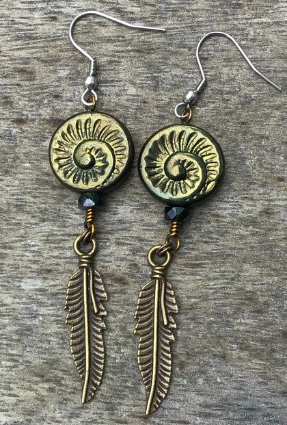 Czech Fossil Shell Earrings - Olive