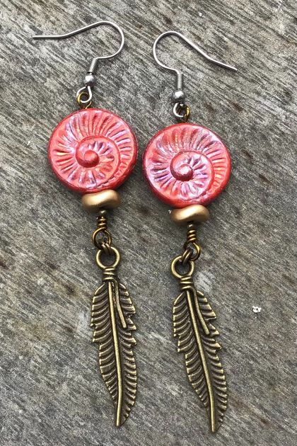 Czech Fossil Shell Earrings - Red