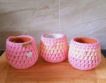 Recycled t shirt yarn plant cozies set of 3