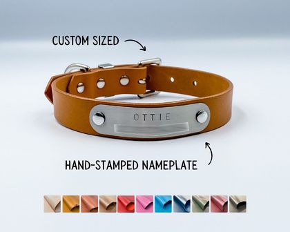 Custom Leather Dog Collar with hand-stamped nameplate - 3/4" / 19mm wide