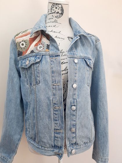 Upcycled Denim jacket with vintage kimono fabrics