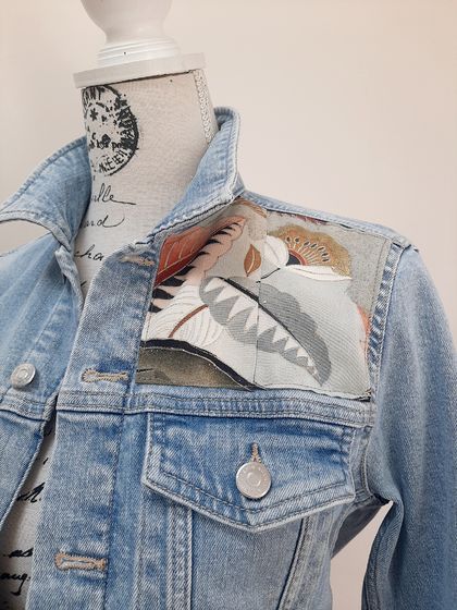 Upcycled Denim jacket with vintage kimono fabrics