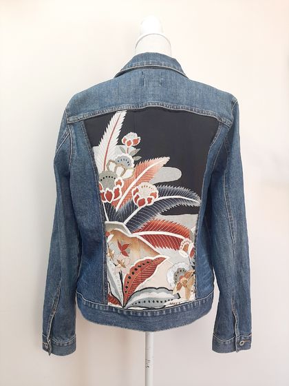 Upcycled Denim jacket with vintage kimono fabrics