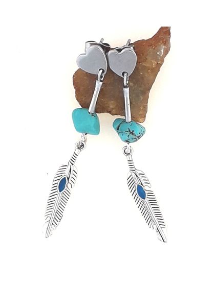 Silver Heart Turquoise Feather Earrings