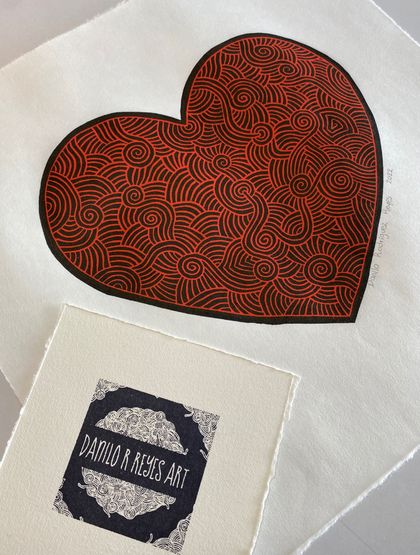 Linocut - “RED HEART” 2022 printed by Danilo Rodriguez Reyes 