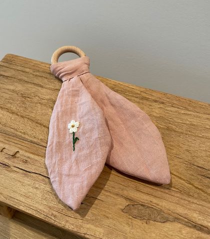 Teething Ring with Pink Linen Bunny Ears