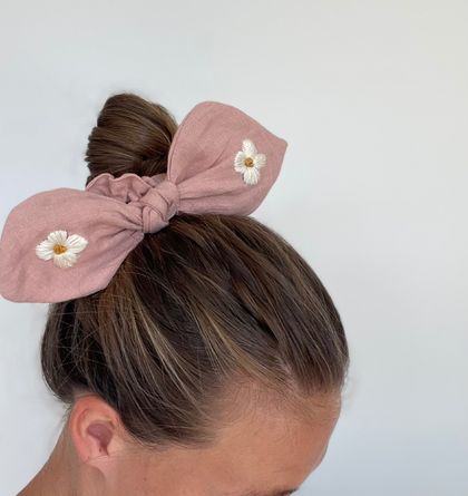 Pink Hair Scrunchie with Embroidered Daisy