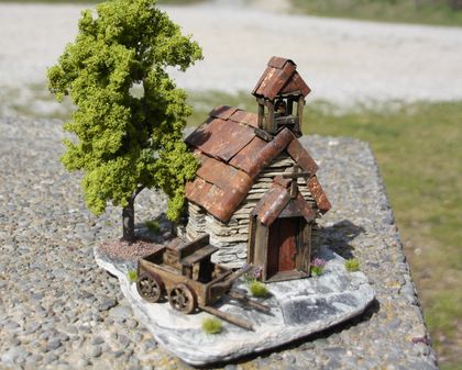  Historic Miniature Model Stone Church with Wagon & Green Tree