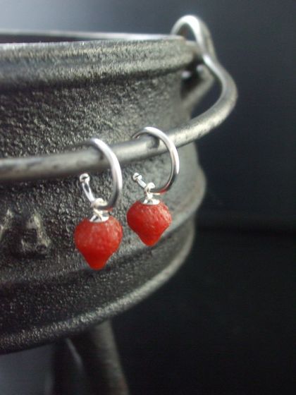 3D Strawberry earrings on sterling silver hoops - fused glass 