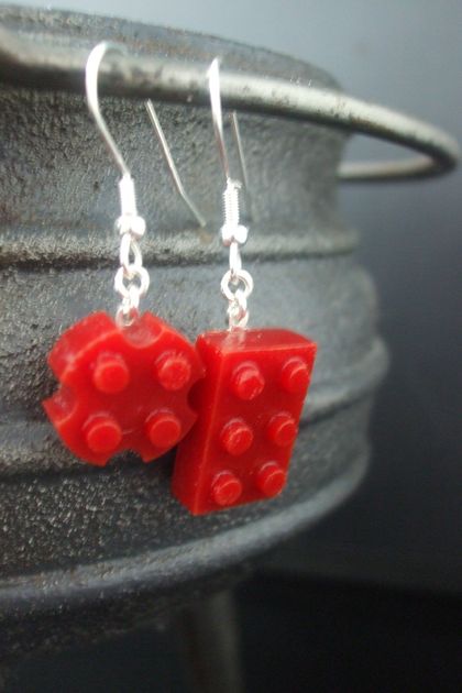 Red brick drop earring - fused glass