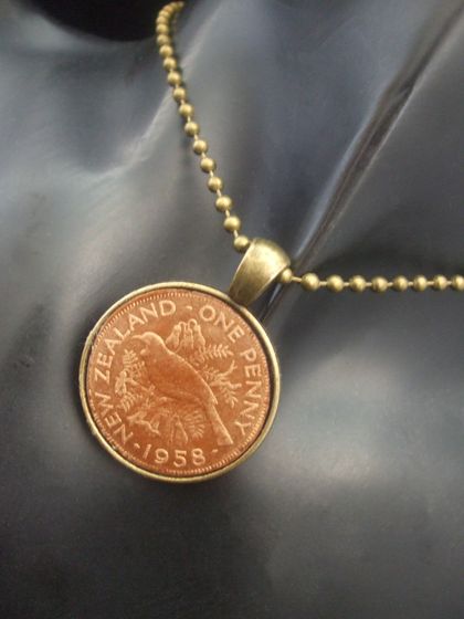 Replica 1958 NZ one penny coin pendant - fused glass