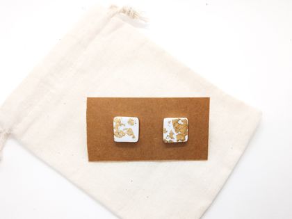 White and Gold Leaf Square Polymer Clay Earrings